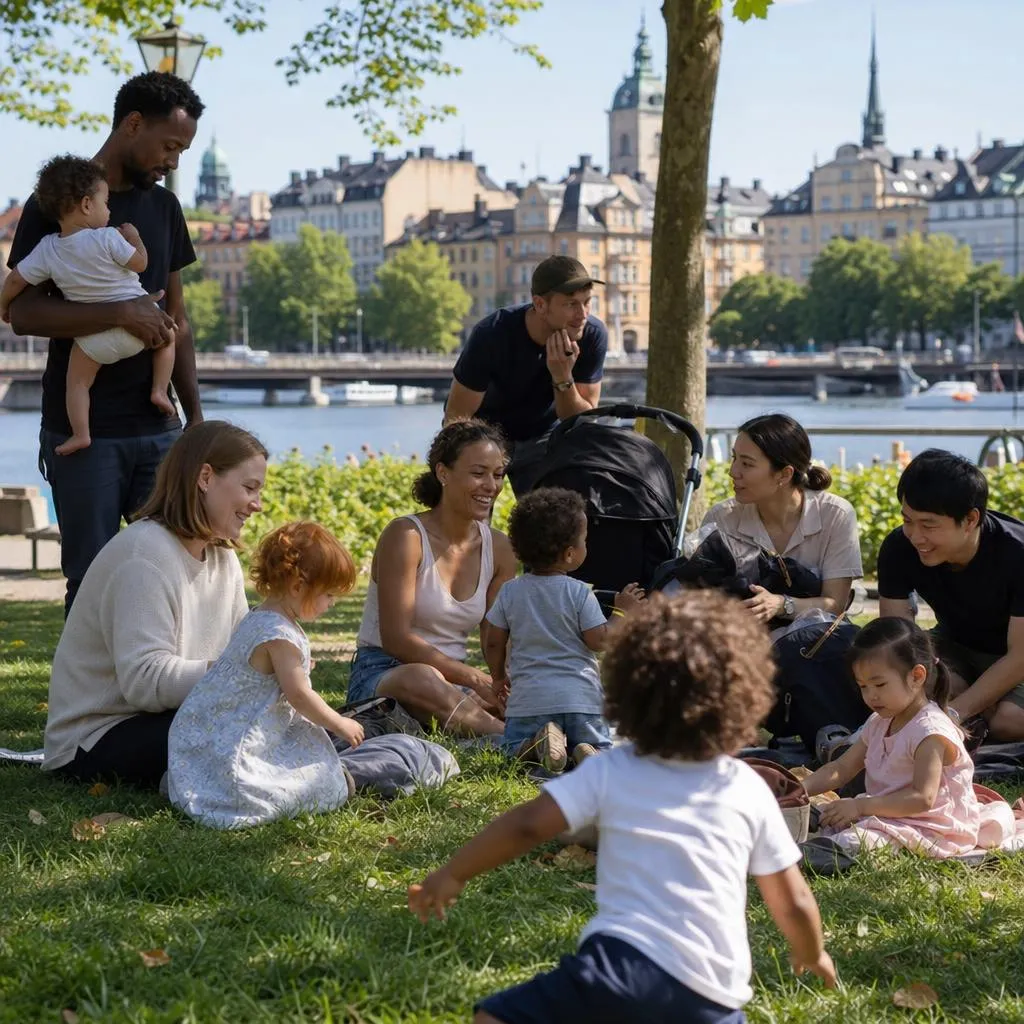 Two Swedish parents chatting on a park bench while their children play with a red ball on an autumn afternoon